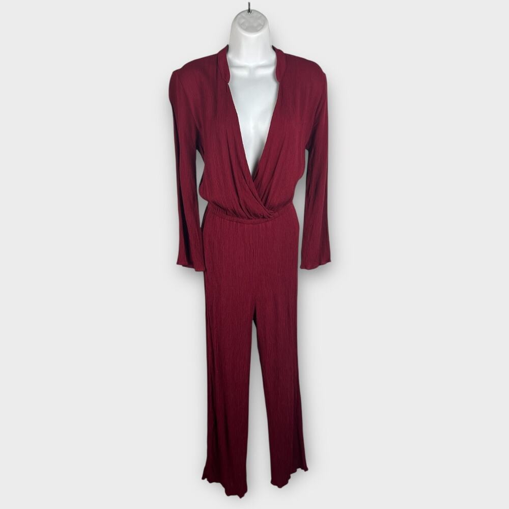 Womens Small Red Burgundy‎ Surplice Long Sleeve Crepe Jumpsuit Preppy Career